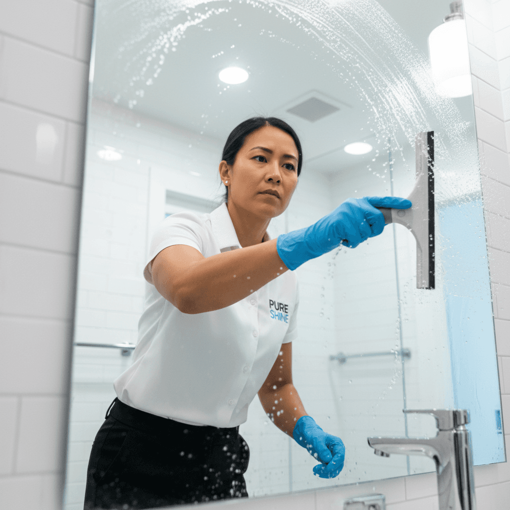 Cleaner squeegee cleaning bathroom mirror with water droplets in motion