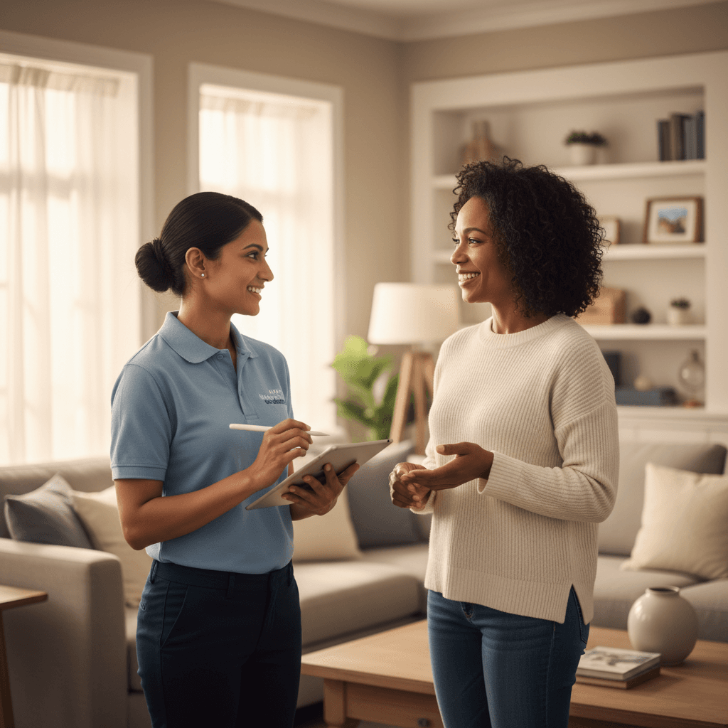 Cleaner discussing custom cleaning plan with homeowner in living room