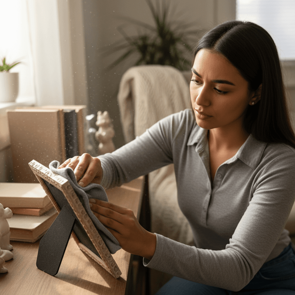 Cleaner meticulously dusting decorative shelves and picture frames