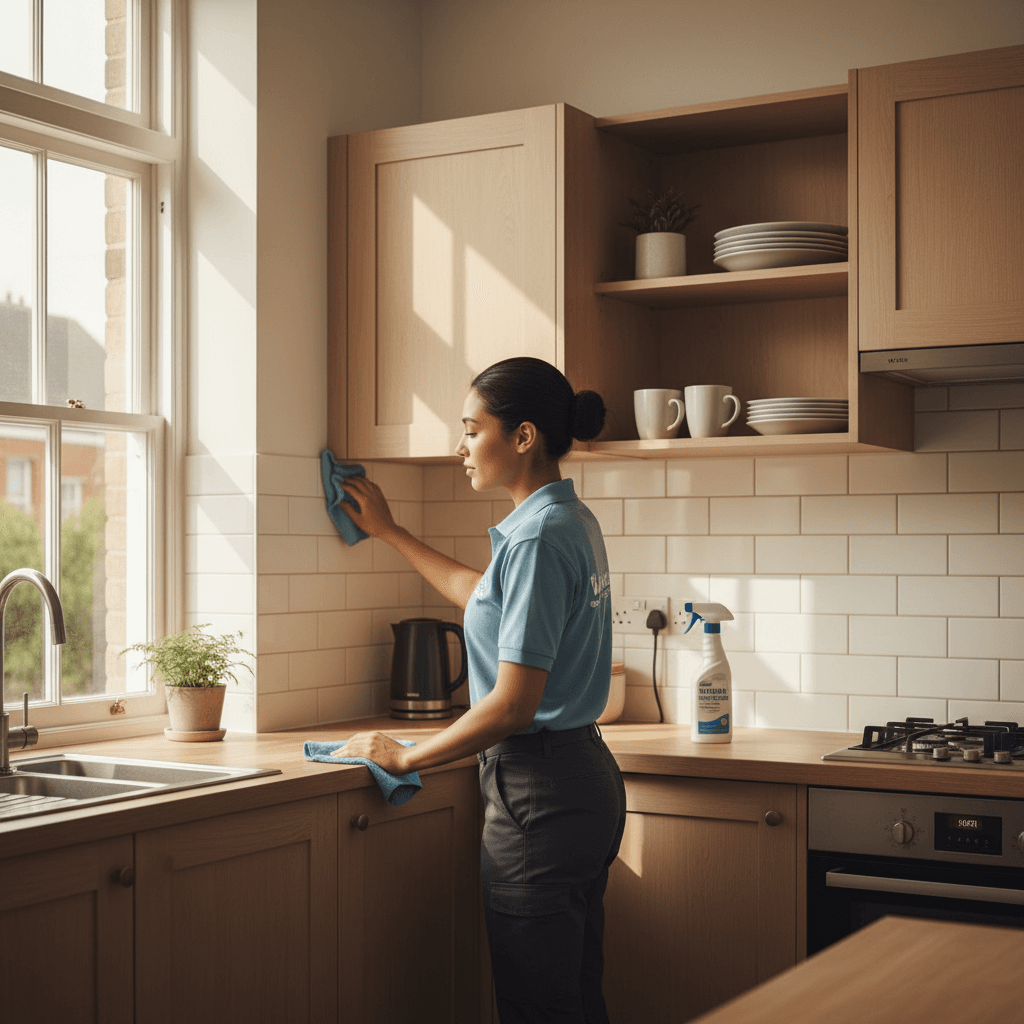 Cleaner efficiently working in compact apartment kitchen