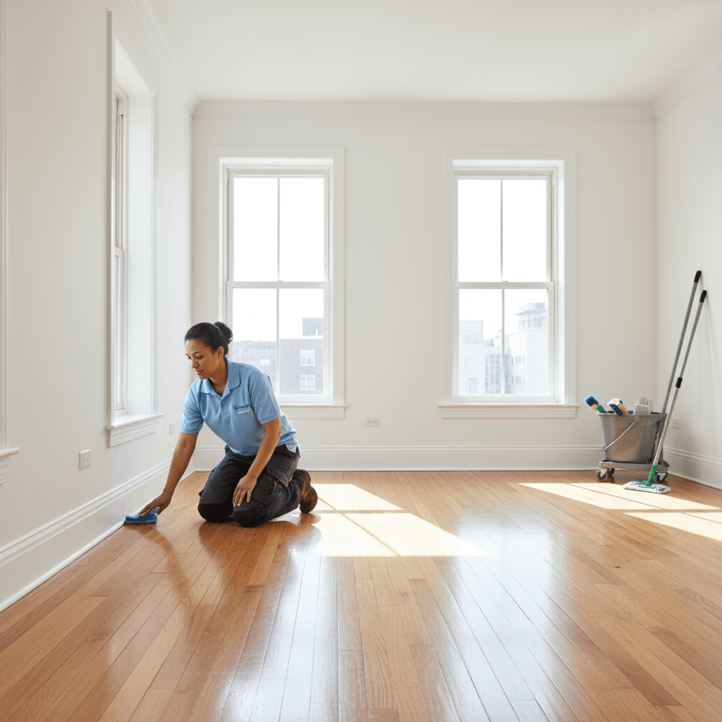 Cleaner scrubbing baseboards in empty living room during move-out cleaning