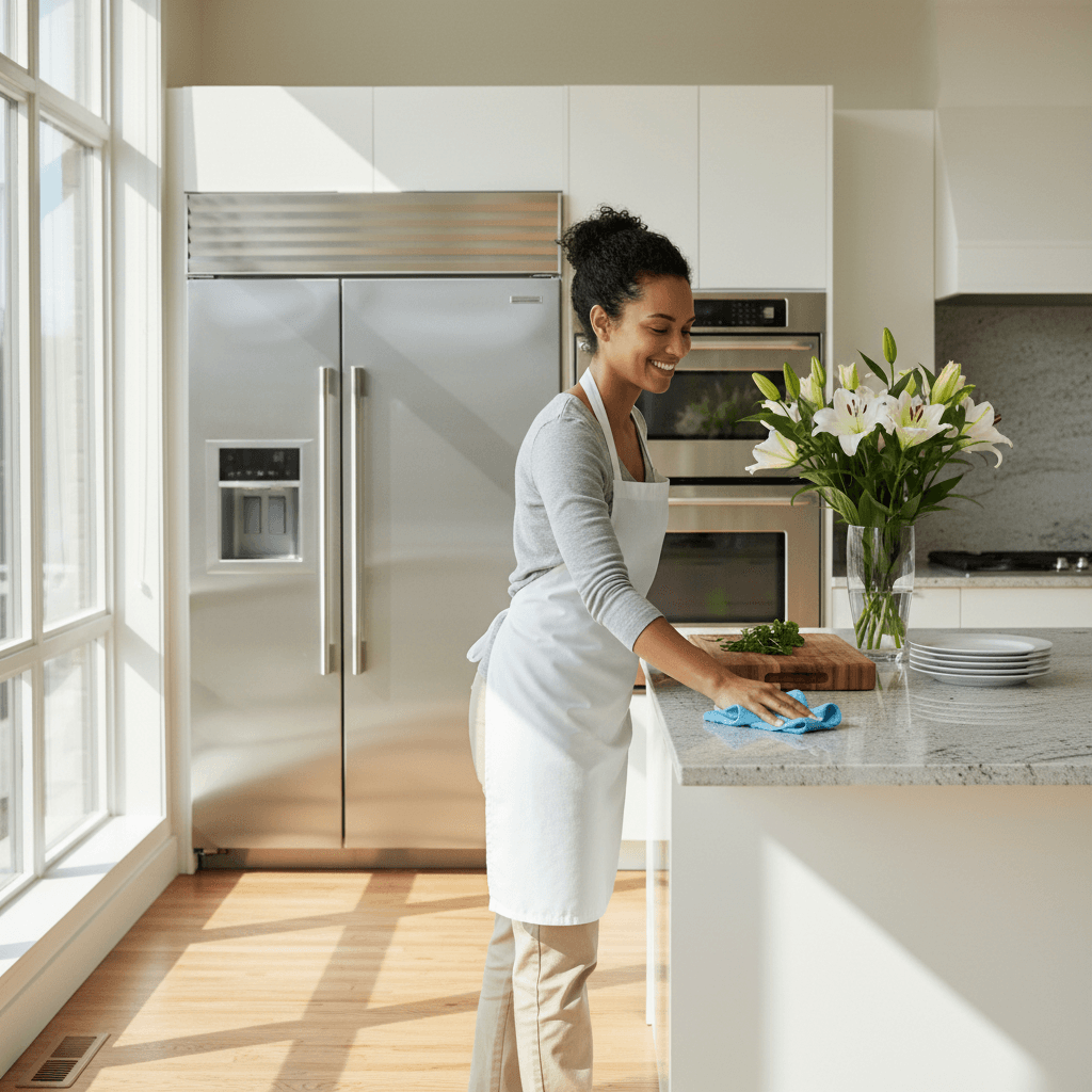 Professional cleaner wiping down modern kitchen countertop with natural sunlight