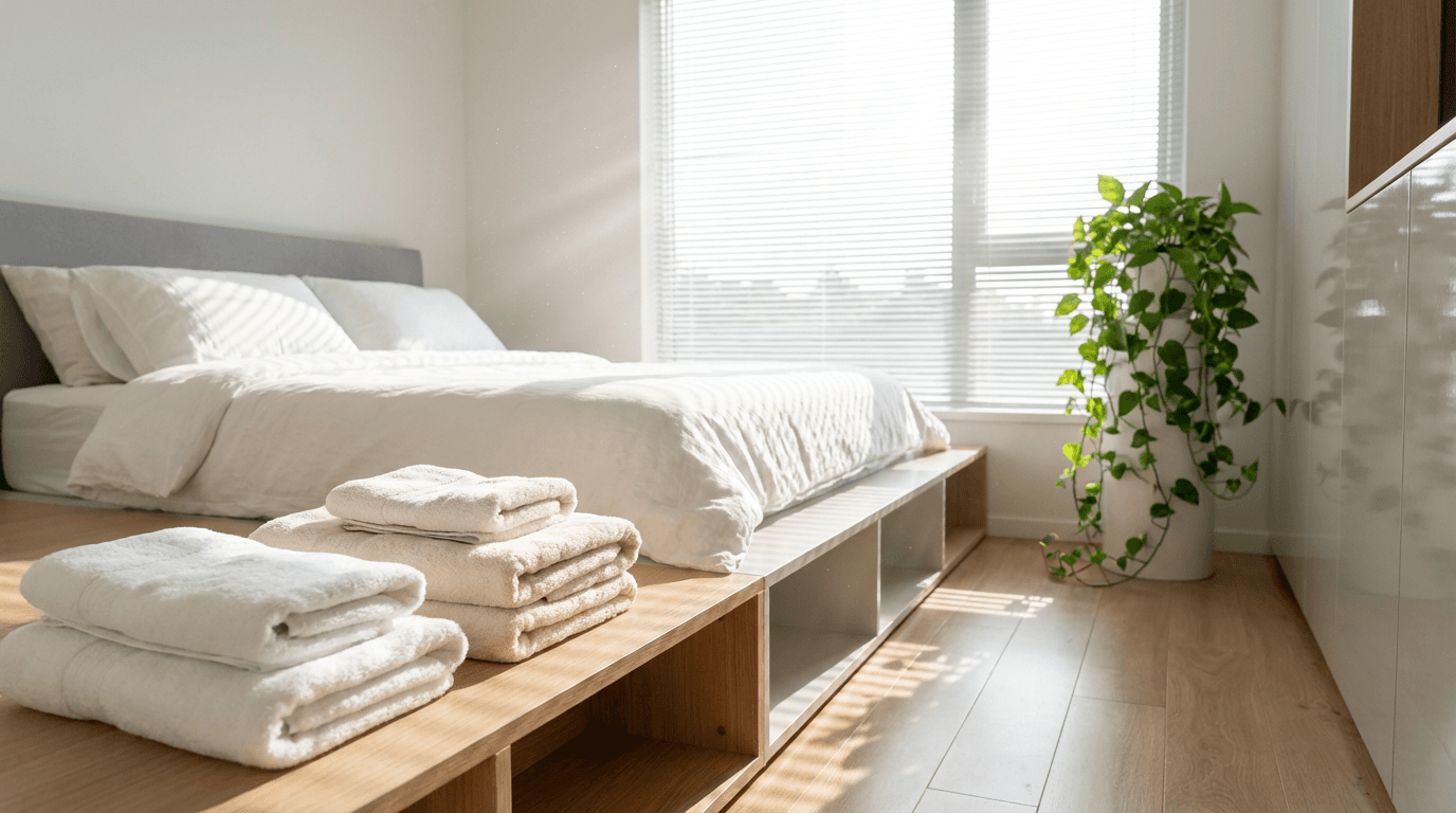 Professional cleaner arranging fresh bedding in bedroom