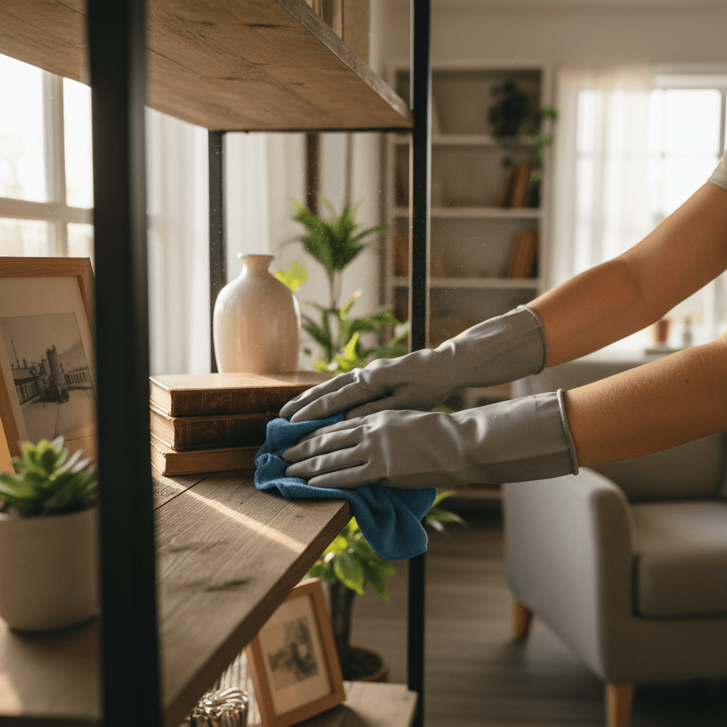 Professional cleaner dusting decorative home shelf
