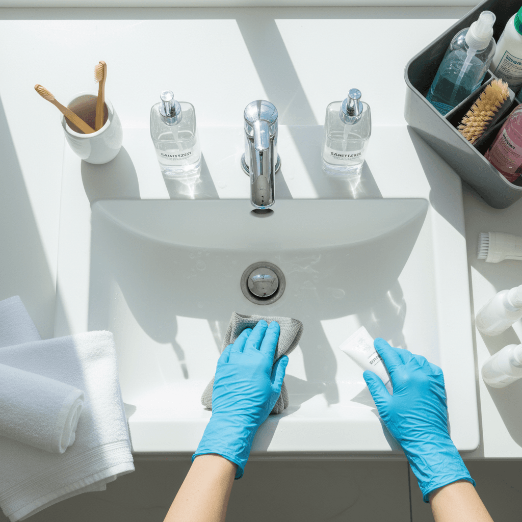 Professional cleaner polishing bathroom sink fixture