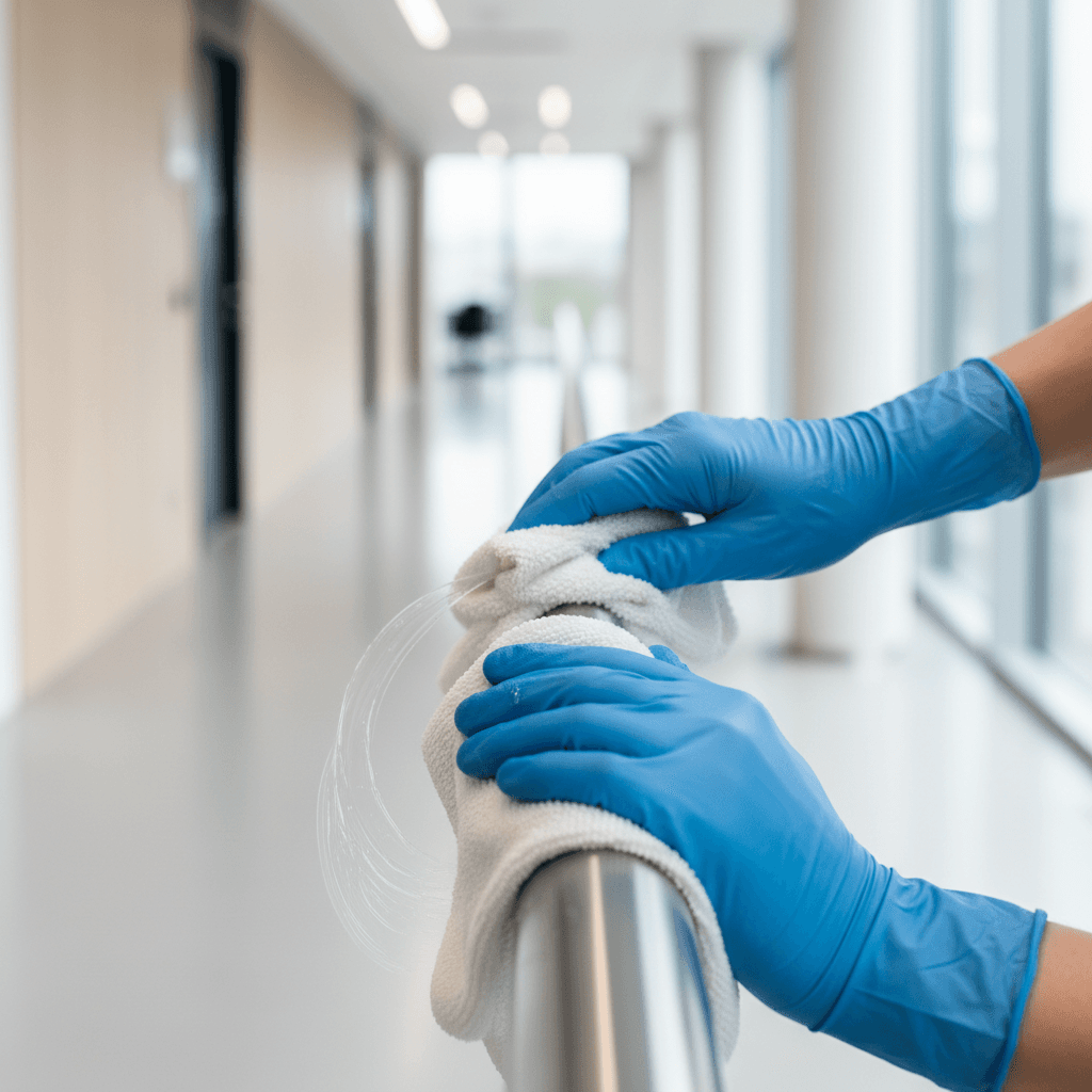Medical office sanitization of door handle with spray and cloth