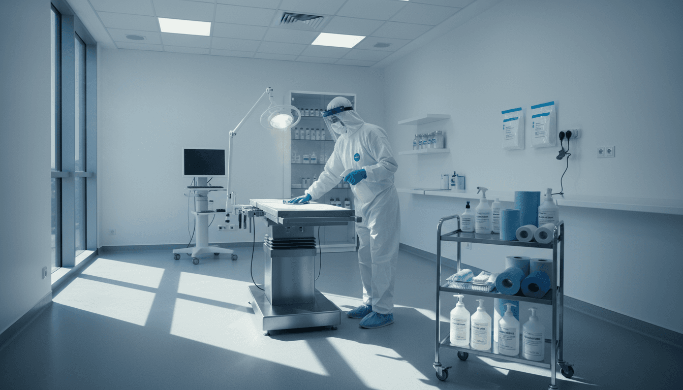 Female cleaner sanitizing a medical examination table with disinfectant spray