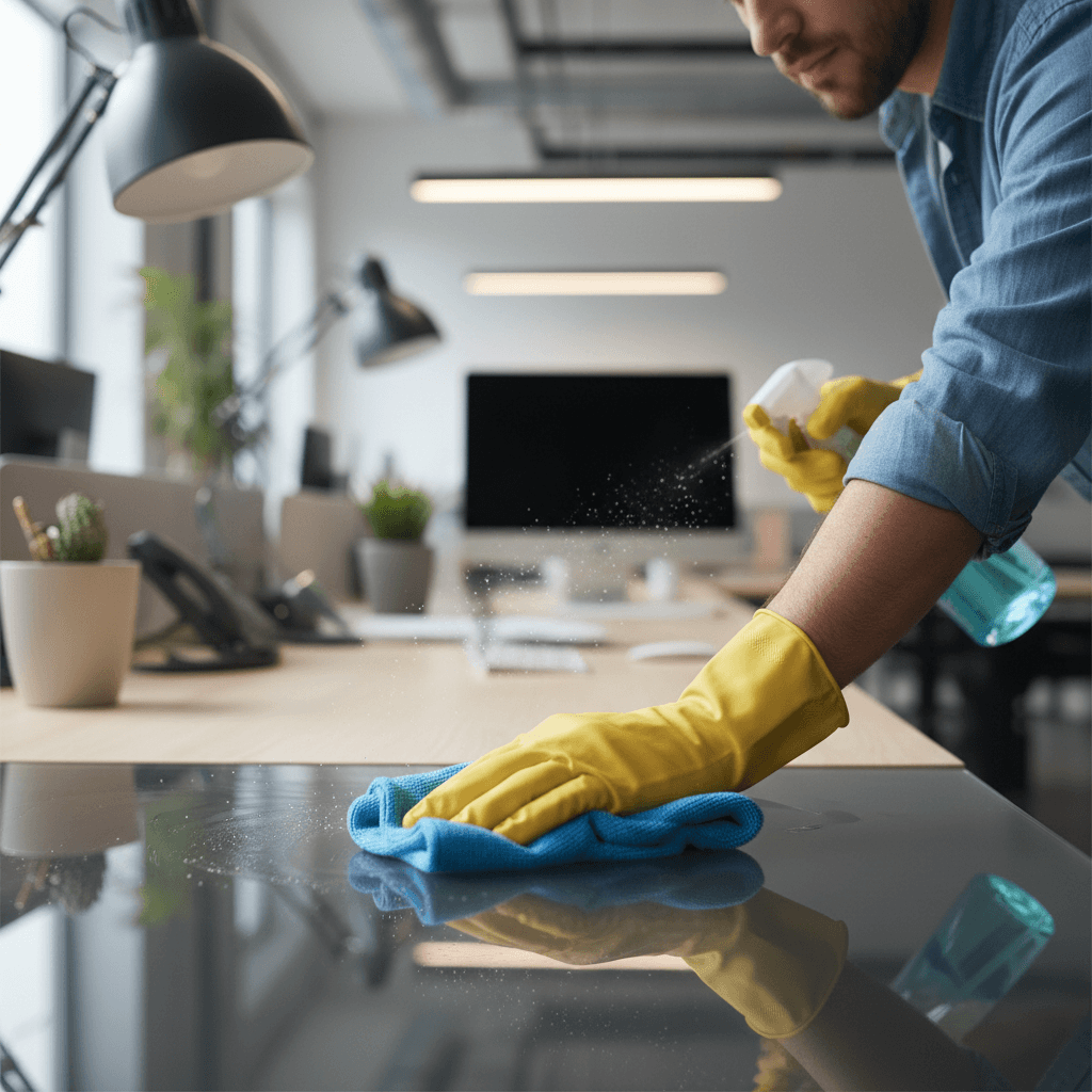 Cleaner sanitizing office workspace in south Denver business