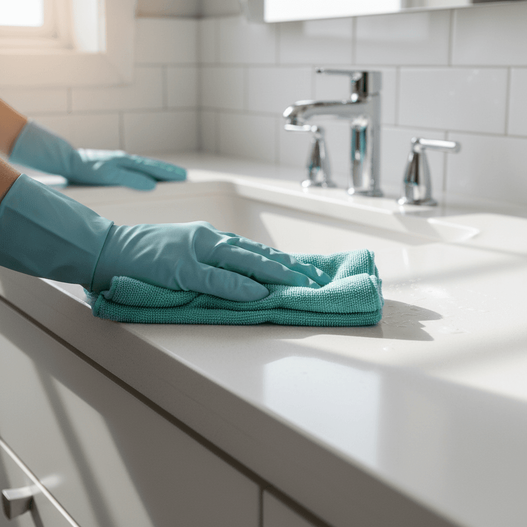 Cleaner detailing bathroom fixtures in Aurora property