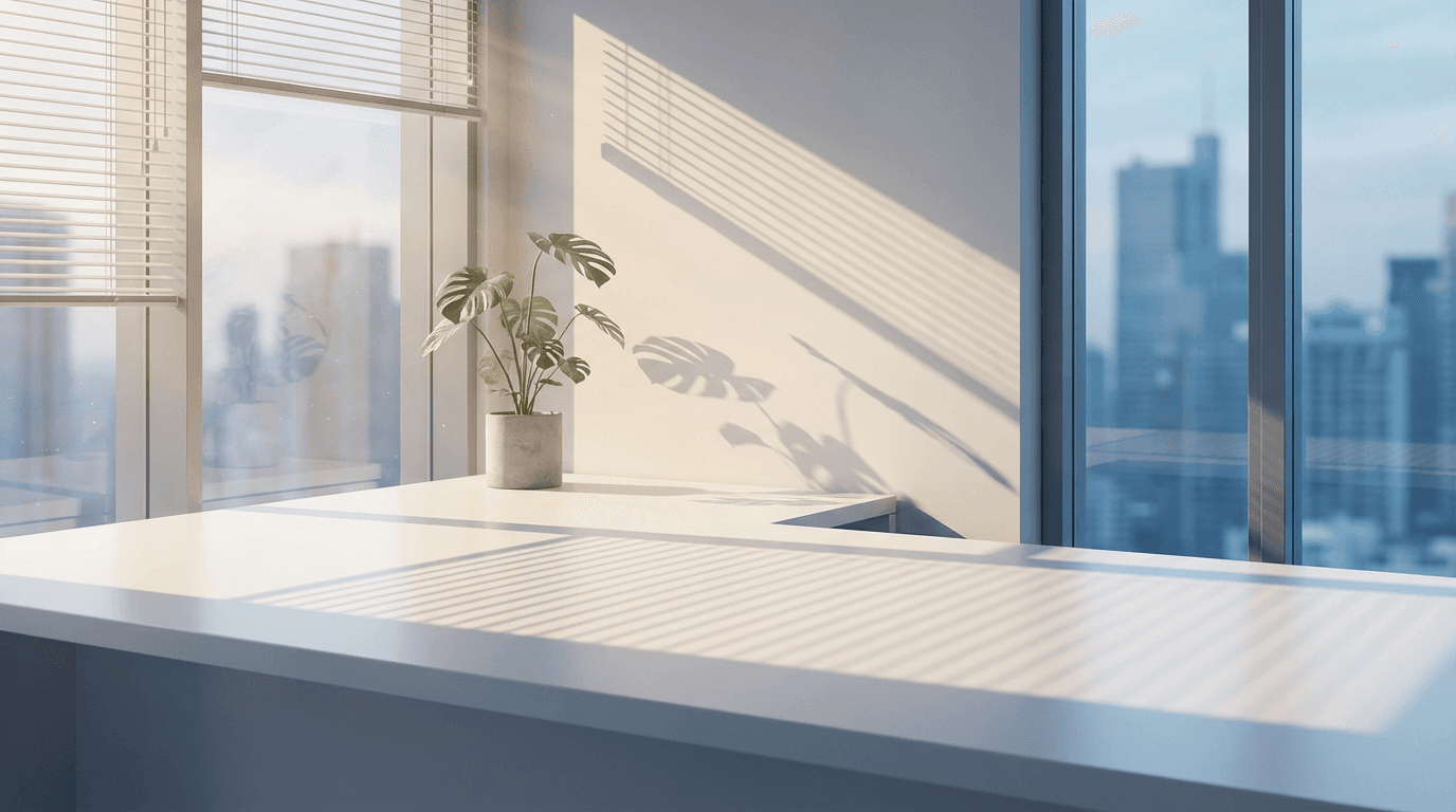 Female cleaner wiping down a modern office desk with microfiber cloth